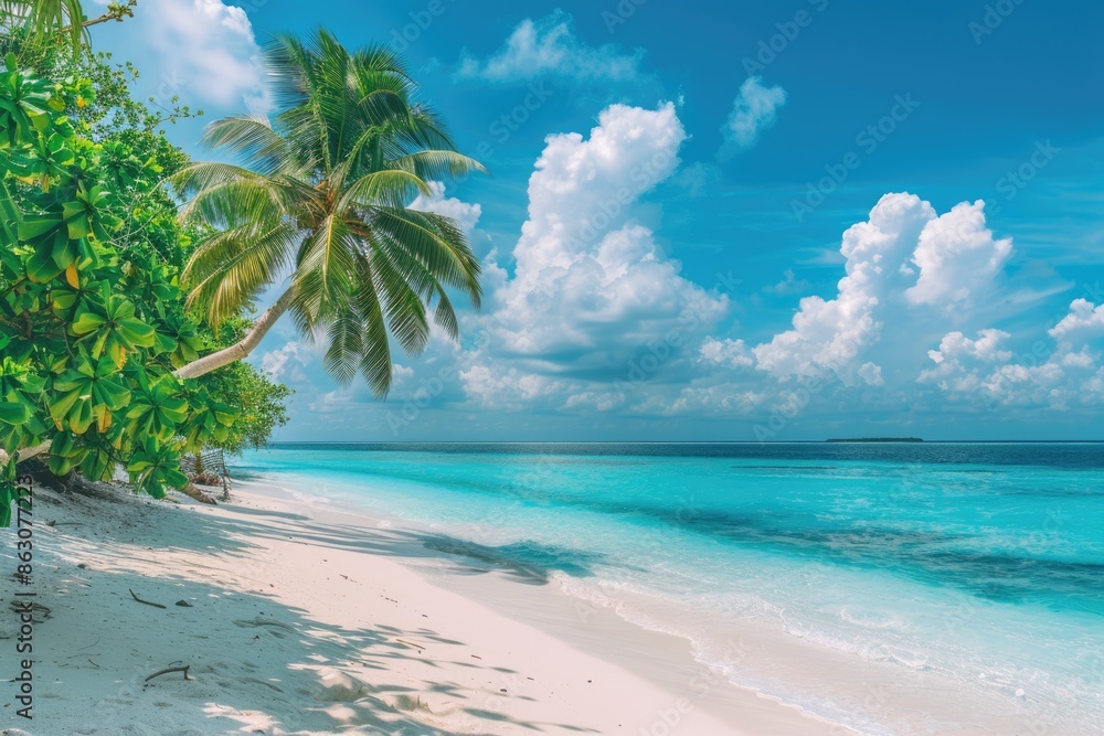 Sunny day at tropical beach with panoramic view. Sunny day at tropical beach with panoramic view.