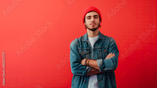 Portrait of a Digital Content Creator in Casual Denim and Red Beanie on Red Background with copy space for text © Ryan