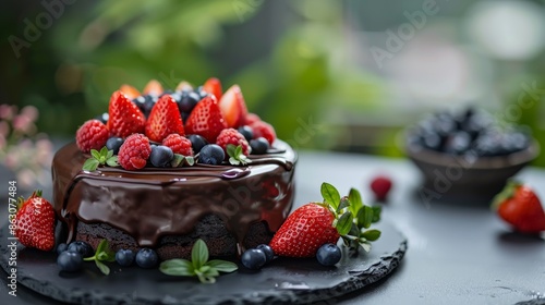 Decadent chocolate cake with fresh berries   minimalist style canon eos 5d mark iv photo