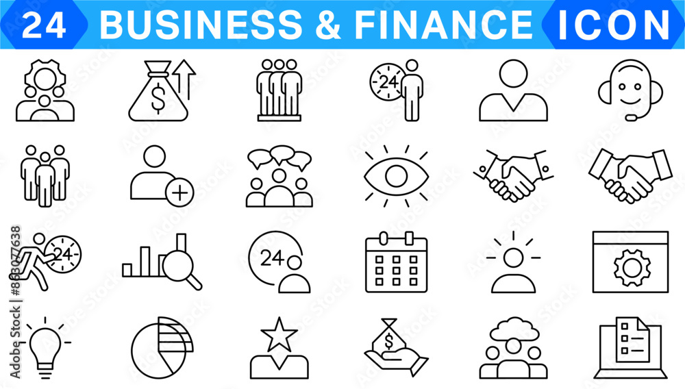Fototapeta premium business teamwork finance icons, team building, work group and human resources. Outline icons collection. Line style - vector illustration
