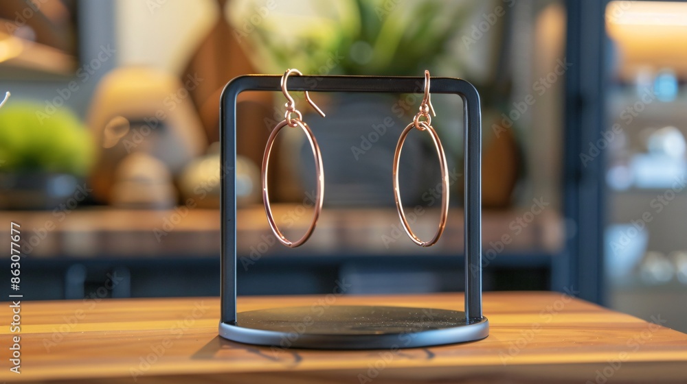 A pair of sleek, thin hoop earrings in rose gold, hanging from a minimalist jewelry stand with a matte black finish A pair of sleek, thin hoop earrings in rose gold, hanging from a minimalist jewelry stand with a matte black finish
