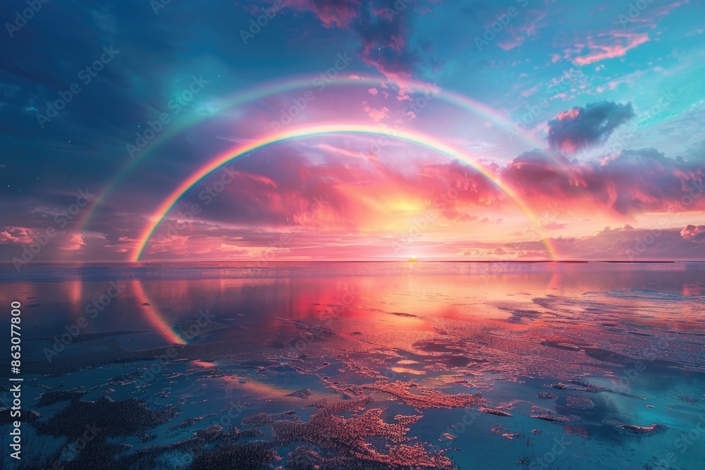 Beautiful dusk landscape with calm sea and double rainbow. Beautiful dusk landscape with calm sea and double rainbow.