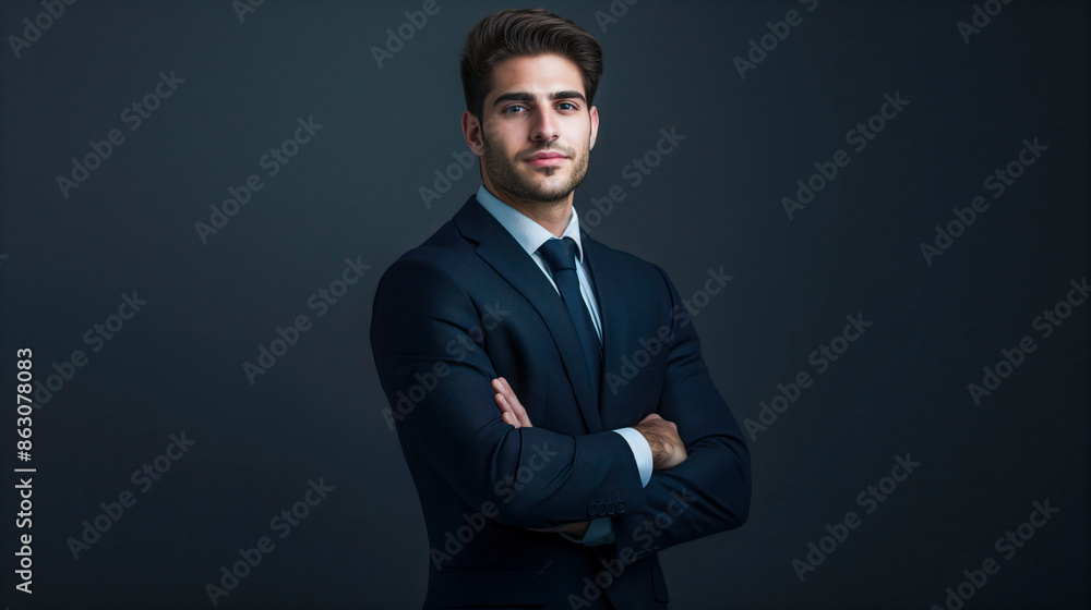 Portrait of a Sophisticated Lawyer in Classic Dark Suit, Confident Pose with copy space for text Portrait of a Sophisticated Lawyer in Classic Dark Suit, Confident Pose with copy space for text