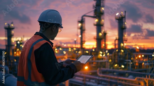 Industrial Worker Using Tablet at Sunset