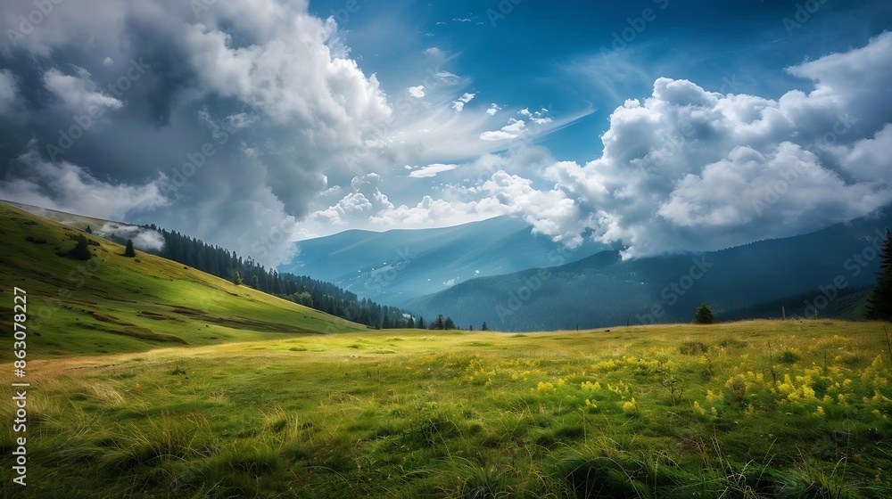 Nature Mountains and clouds in the valley Natural landscape high in the mountains Mountain field in the clouds Landscape in the summertime : Generative AI Nature Mountains and clouds in the valley Natural landscape high in the mountains Mountain field in the clouds Landscape in the summertime : Generative AI