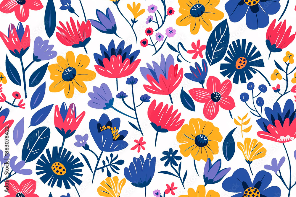 A vibrant seamless pattern showcasing a variety of bold, colorful flowers in different shapes and sizes on a white background, ideal for nature-inspired and cheerful designs. A vibrant seamless pattern showcasing a variety of bold, colorful flowers in different shapes and sizes on a white background, ideal for nature-inspired and cheerful designs.