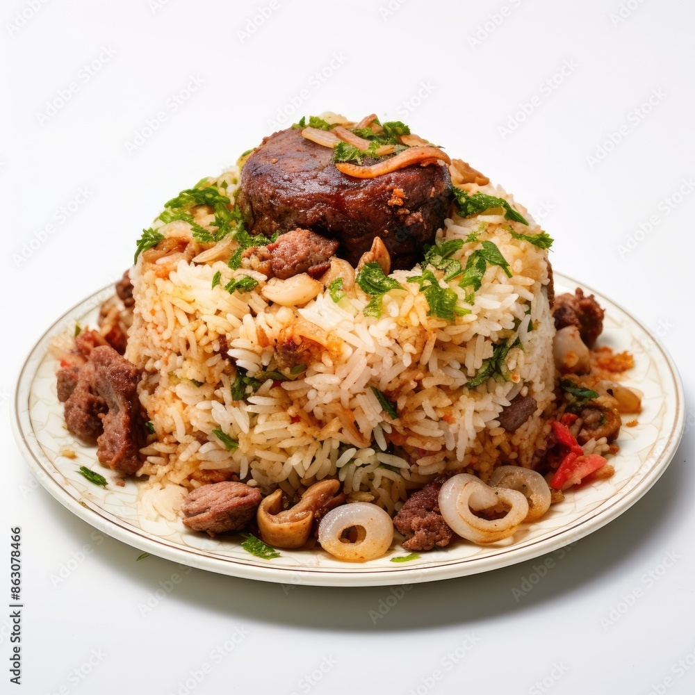 Traditional Jadoh Rice and Meat Dish from India on a Plate Traditional Jadoh Rice and Meat Dish from India on a Plate