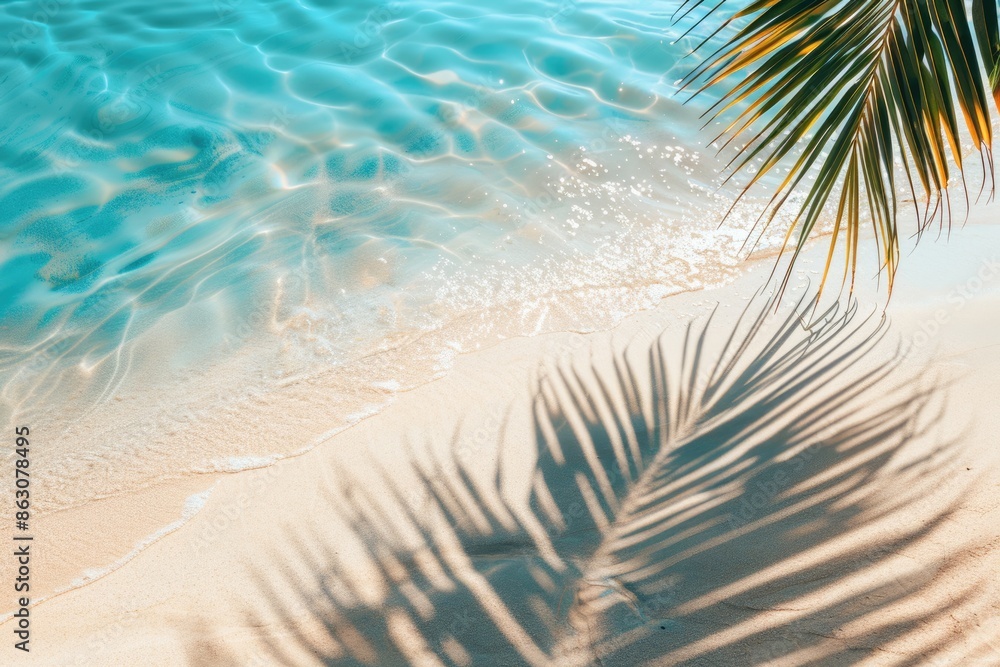 Sunlit palm leaf shadow on white sand beach background. Sunlit palm leaf shadow on white sand beach background.