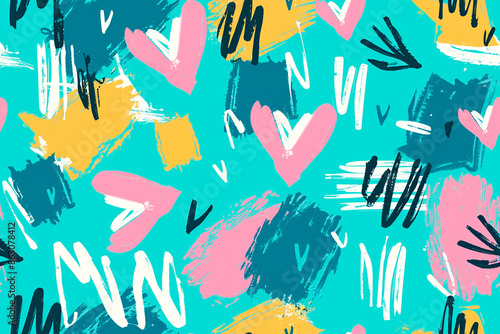 A dynamic seamless pattern featuring vibrant abstract shapes and playful heart motifs in a lively color palette, perfect for energetic and youthful designs.