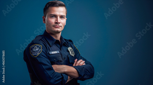 Portrait of a Professional Police Officer in Uniform Standing Confidently with Arms Crossed with copy space for text