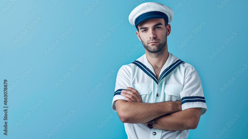 Portrait of a Handsome Sailor in White Uniform with Serious Expression with copy space for text Portrait of a Handsome Sailor in White Uniform with Serious Expression with copy space for text