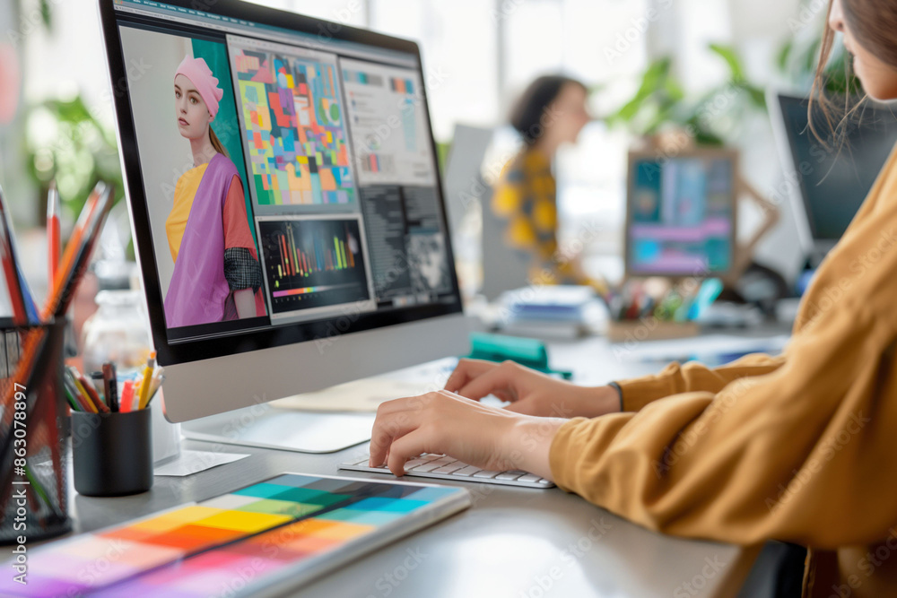 Side view of a graphic designer working in a modern open space office. Profession concept. Side view of a graphic designer working in a modern open space office. Profession concept.