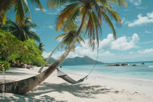 Perfect tropical paradise beach of seychelles island with palm trees and hammock photo