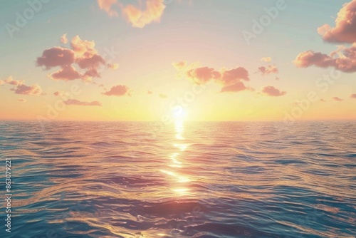 Scenic view of endless ocean with horizon line under bright sunset sky in evening time