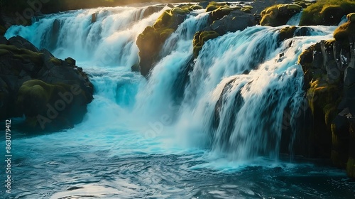 Extraordinary summer view of Bruarfoss Waterfall secluded spot with cascading blue waters Astonishing sunrise in Iceland Europe Beauty of nature concept background : Generative AI