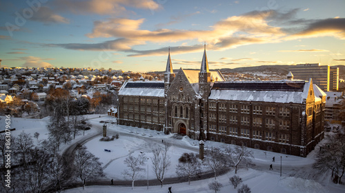 Beatiful aerial view of NTNU University of science and technology in Trondheim under snow, Norway.