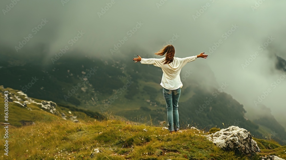 Happy woman tourist hiking up mountain enjoying nature Landscape in cloudy gloomy windy weather Female in white shirt with open arms outstretched in joy enjoying travel Freedom concept : Generative AI Happy woman tourist hiking up mountain enjoying nature Landscape in cloudy gloomy windy weather Female in white shirt with open arms outstretched in joy enjoying travel Freedom concept : Generative AI