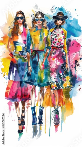 Design an image of five stylish women in abstract, watercolor-like outfits, showcasing a blend of fashion and art © tanapat