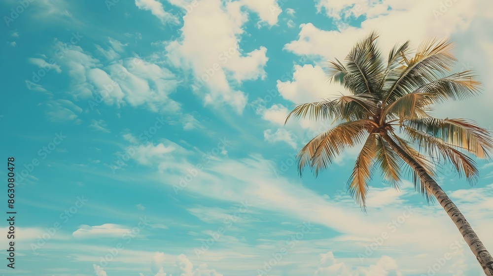 Palm tree on tropical beach with blue sky and white clouds abstract background Copy space of summer vacation and business travel concept Vintage tone filter effect color style : Generative AI Palm tree on tropical beach with blue sky and white clouds abstract background Copy space of summer vacation and business travel concept Vintage tone filter effect color style : Generative AI