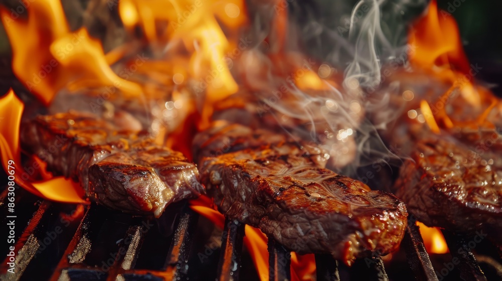 Succulent Steaks Grilling Over Open Flames Succulent Steaks Grilling Over Open Flames