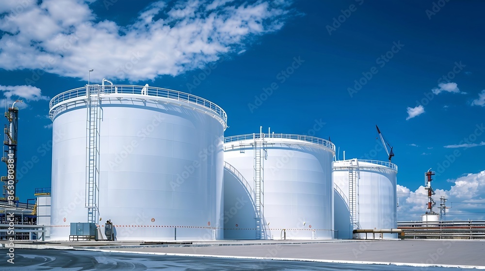 White fuel oil storage tank with blue sky background Storage tank important infrastructure for oil and gas The storage tank place to receive and store oil at fuel terminal Oil and Gas : Generative AI White fuel oil storage tank with blue sky background Storage tank important infrastructure for oil and gas The storage tank place to receive and store oil at fuel terminal Oil and Gas : Generative AI