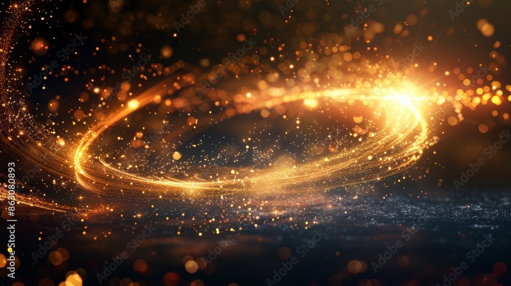 Design an image representing energy with a golden ring of light and sparkling particles against a dark background Design an image representing energy with a golden ring of light and sparkling particles against a dark background