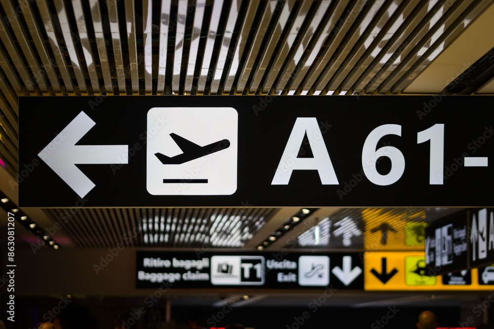 Information signboard at an airport, indicating the departures area. Information signboard at an airport, indicating the departures area.