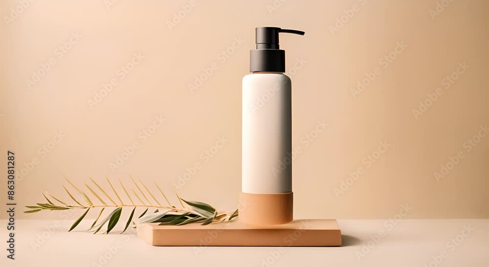 This video features a mockup of an unbranded bottle for cosmetics set against a beige background with a delicate olive sprig, creating a natural and minimalist aesthetic. This video features a mockup of an unbranded bottle for cosmetics set against a beige background with a delicate olive sprig, creating a natural and minimalist aesthetic.