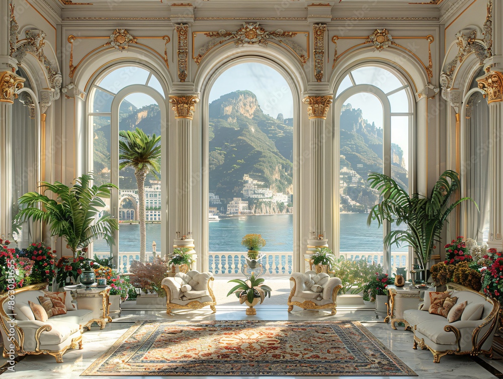 a luxurious hotel room with a breathtaking view of the ocean, mountains and a scenic waterfall. a luxurious hotel room with a breathtaking view of the ocean, mountains and a scenic waterfall.