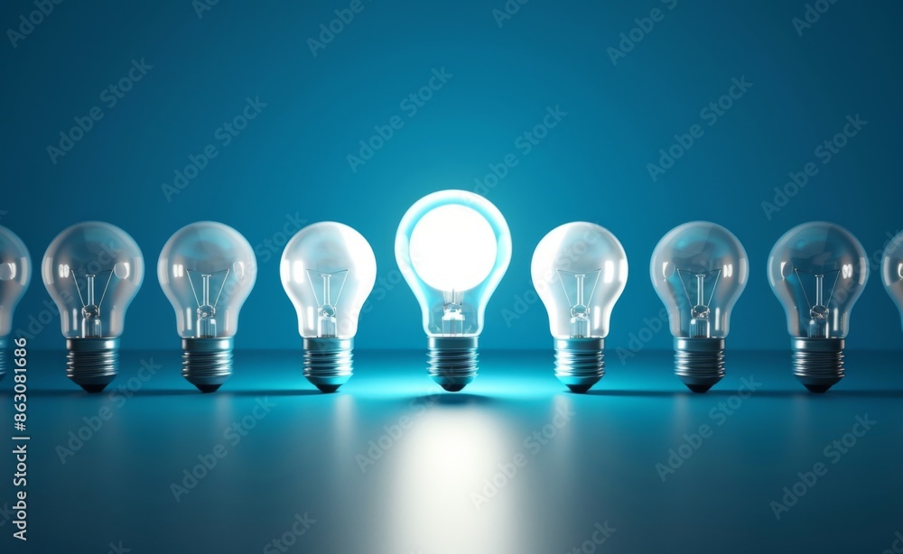 Bright idea concept with glowing light bulb among rows of light bulbs on blue background Bright idea concept with glowing light bulb among rows of light bulbs on blue background