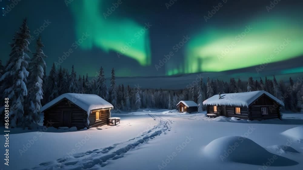 House in forest against backdrop of northern lights House in forest against backdrop of northern lights