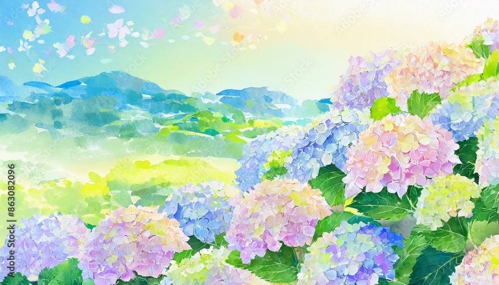 Fototapeta premium 紫陽花、夏の風物詩、綺麗で色鮮やか、心地よい日差し、シンプルな背景、くっきりと優しく表現 Generated by AI 