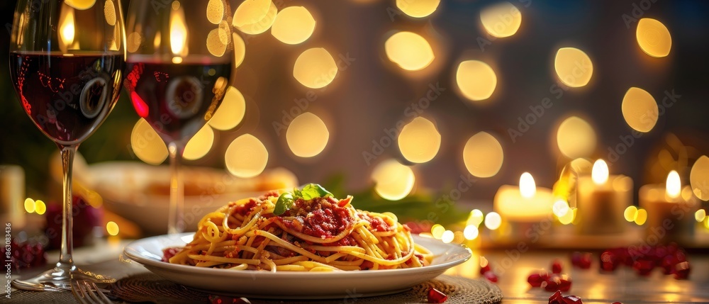 Romantic dinner setting with pasta and wine, featuring cozy lighting and an intimate atmosphere. Romantic dinner setting with pasta and wine, featuring cozy lighting and an intimate atmosphere.