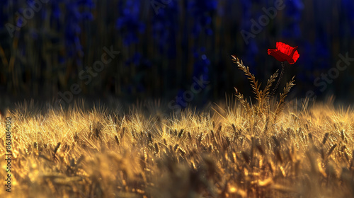 A tall, brightly colored poppy stands out in a field of shorter, duller flowers, evoking a sense of isolation and the challenges of standing out. photo