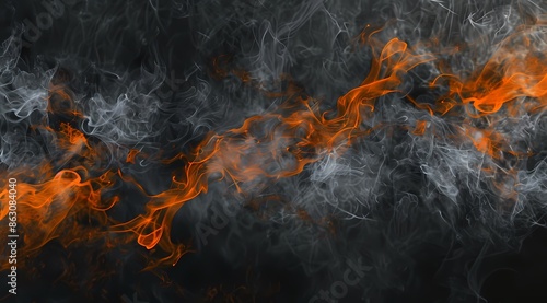 Dark grey and orange smoke swirls, an atmospheric background for digital art. photo