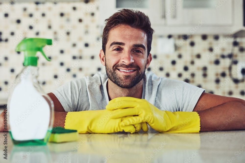 Cleaning, spray bottle and portrait of man in home with gloves for hygiene, disinfection and washing. Housekeeping, housework and person for sanitation, maintenance and detergents for cleaner service Cleaning, spray bottle and portrait of man in home with gloves for hygiene, disinfection and washing. Housekeeping, housework and person for sanitation, maintenance and detergents for cleaner service