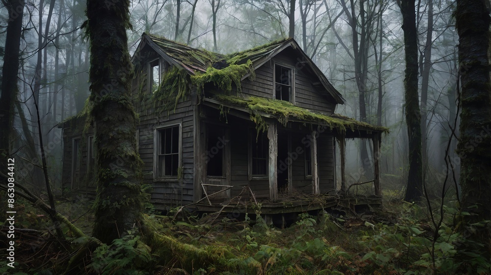 Desolation and Decay: A weathered, ramshackle cabin barely visible through a thick fog
Desolation and Decay: A weathered, ramshackle cabin barely visible through a thick fog