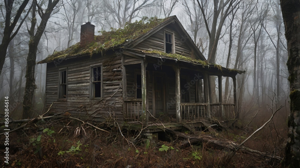 Desolation and Decay: A weathered, ramshackle cabin barely visible through a thick fog
Desolation and Decay: A weathered, ramshackle cabin barely visible through a thick fog