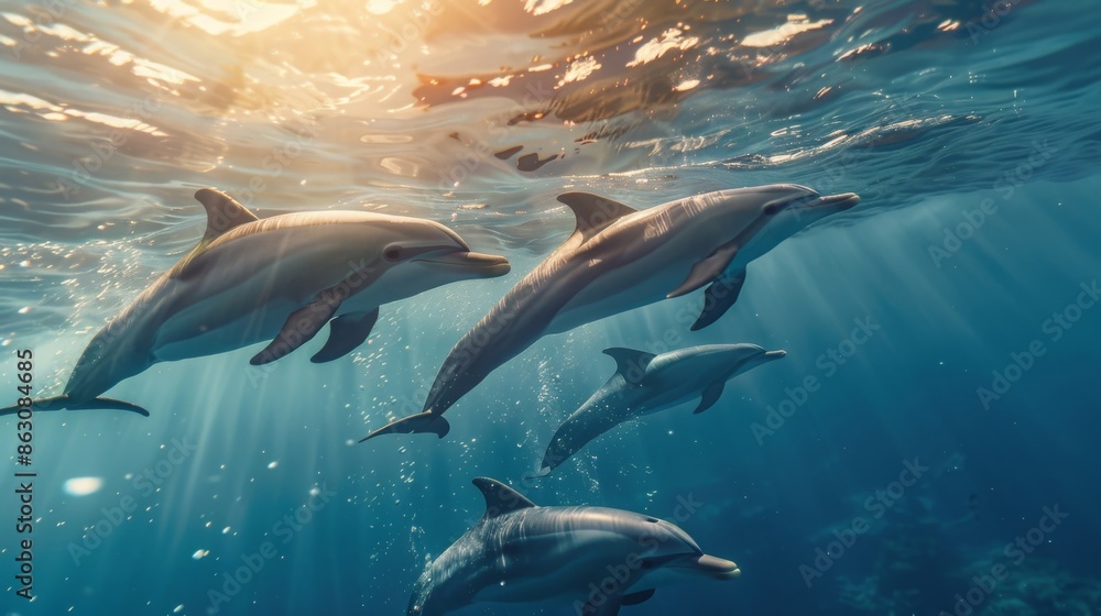 Obraz premium Group of dolphins swimming underwater. Sunlight beams through the water, highlighting their sleek bodies as they move gracefully in the ocean.