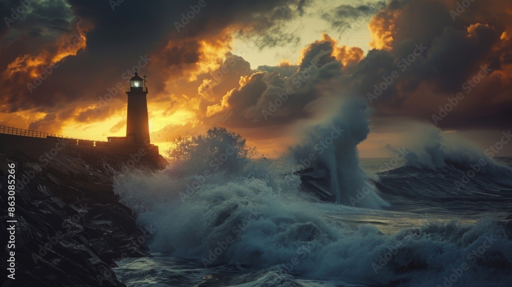Dramatic lighthouse scene at sunset with waves crashing. The sky is filled with clouds that blend with the setting sun, adding to the scene's beauty. Dramatic lighthouse scene at sunset with waves crashing. The sky is filled with clouds that blend with the setting sun, adding to the scene's beauty.