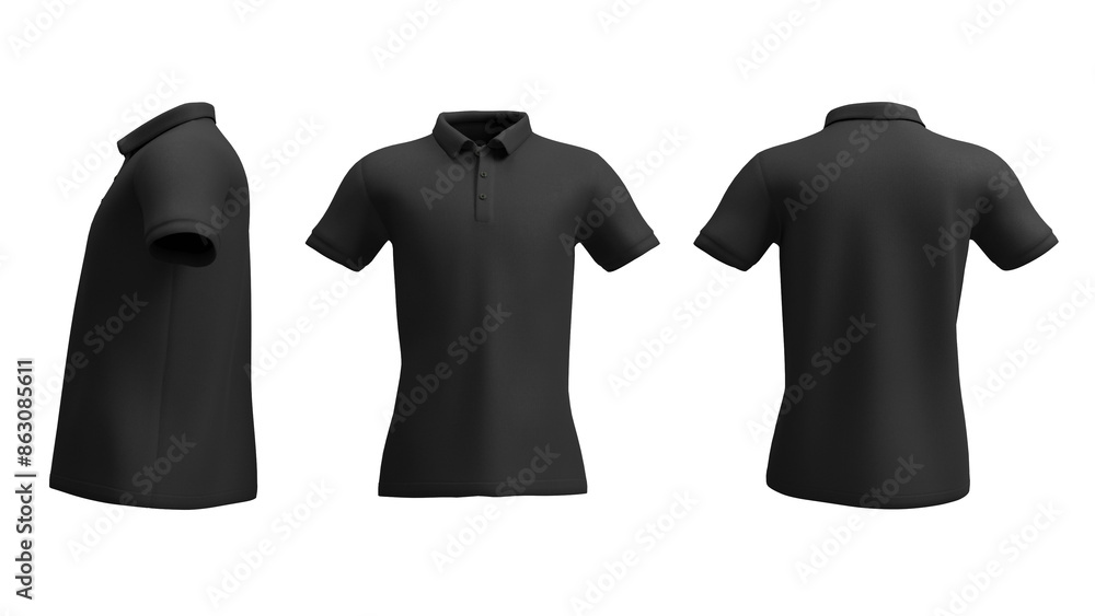 Front side and back view of Polo Shirt color black Mockup design, clipping path, 3D rendering Front side and back view of Polo Shirt color black Mockup design, clipping path, 3D rendering