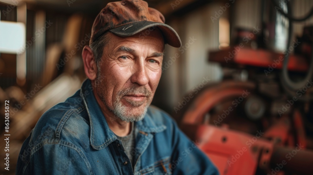 Portrait of a dairy mechanic repairing equipment, natural lighting, focused expression, barn background, showcasing technical skills, high quality photo, photorealistic, 50mm lens Portrait of a dairy mechanic repairing equipment, natural lighting, focused expression, barn background, showcasing technical skills, high quality photo, photorealistic, 50mm lens