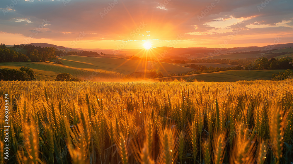 Golden wheat field at sunset with dramatic sky Golden wheat field at sunset with dramatic sky