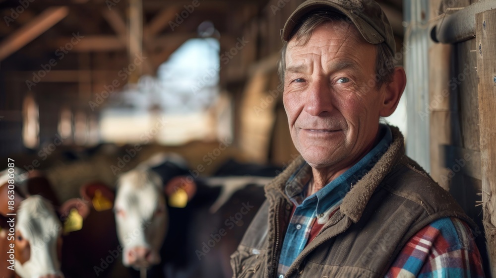 Portrait of a dairy farmer with cows in the background, natural lighting, content expression, warm barn ambiance, showcasing connection with livestock, high quality photo, photorealistic, 50mm lens Portrait of a dairy farmer with cows in the background, natural lighting, content expression, warm barn ambiance, showcasing connection with livestock, high quality photo, photorealistic, 50mm lens