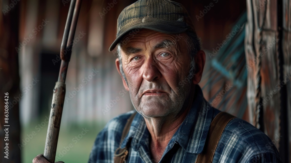 Portrait of a dairy farmer with a pitchfork, natural lighting, hardworking expression, rustic barn backdrop, showcasing agricultural dedication, high quality photo, photorealistic, 50mm lens Portrait of a dairy farmer with a pitchfork, natural lighting, hardworking expression, rustic barn backdrop, showcasing agricultural dedication, high quality photo, photorealistic, 50mm lens