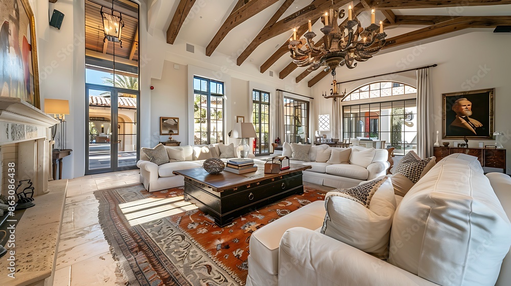 The room includes a large, comfortable seating area with sofas and armchairs, a coffee table, and an open-plan kitchen and dining area in the background. The ceiling has an intricate design with reces The room includes a large, comfortable seating area with sofas and armchairs, a coffee table, and an open-plan kitchen and dining area in the background. The ceiling has an intricate design with reces