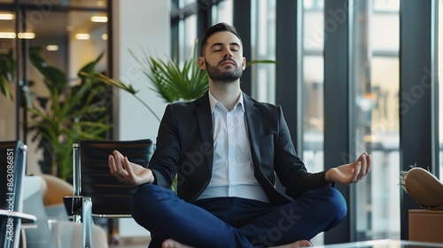 mindfulness young businessman taking short break for exercise in office work : Generative AI