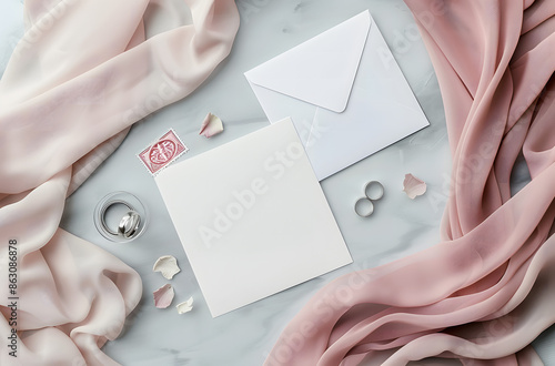 empty white card, pink envelopes and rings on the side