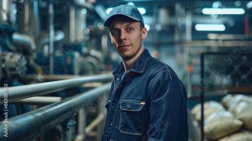 Portrait of a dairy worker managing feed distribution, soft studio lighting, determined expression, clean feed area, showcasing efficiency in operations, high quality photo, photorealistic, 50mm lens © siripimon2525