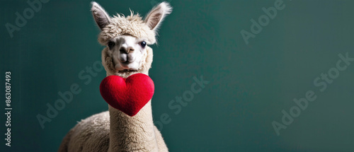 Happy Birthday, Valentine's day, valentine, love celebration - Cute animal, funny lama or alpaca with red heart in his hand isolated on turquoise background, greeting card  photo